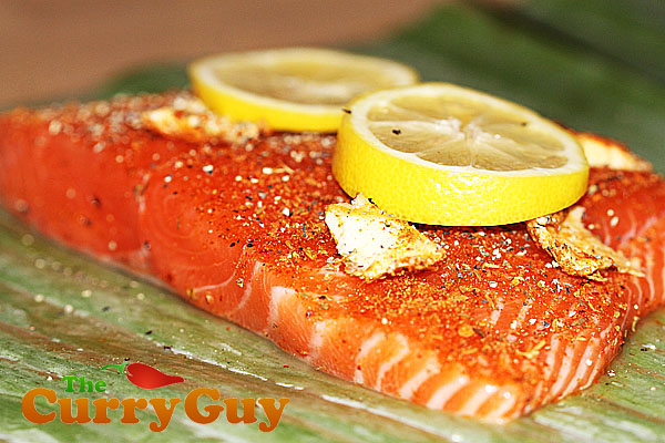 Salmon cooked in a banana leaf