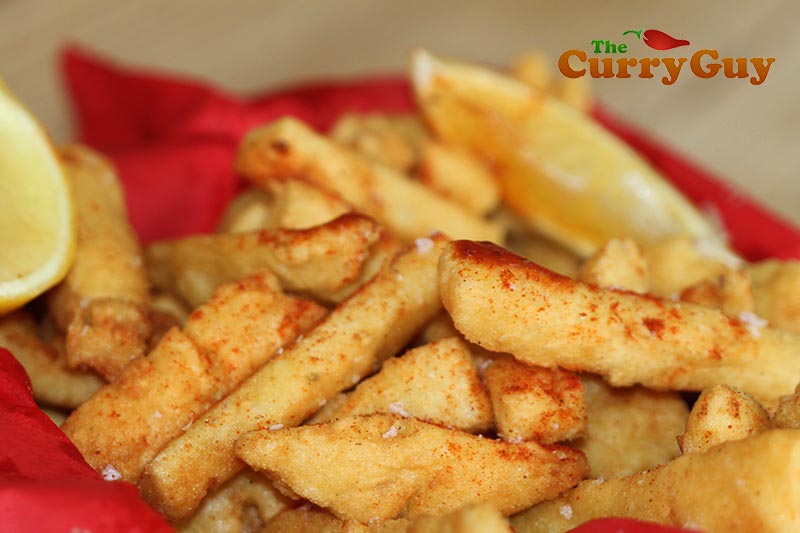 Chickpea fries seasoned with salt and chilli powder