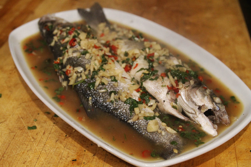 Thai steamed sea bass with lime and garlic sauce