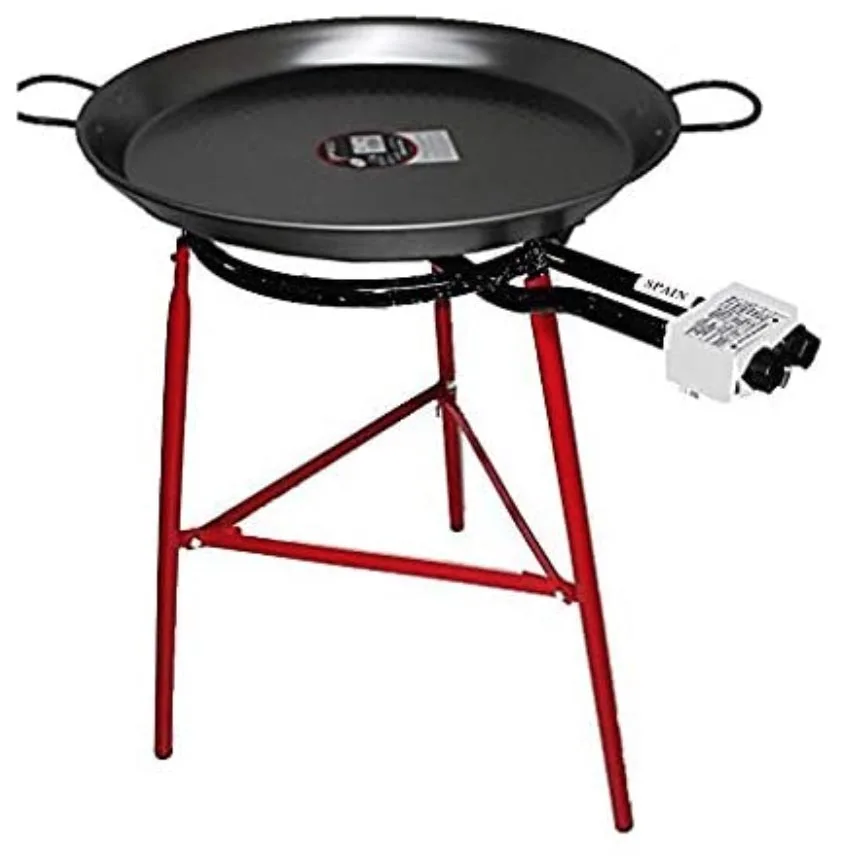 Paella Cooking Set with 70cm Polished Steel Paella Pan, Gas Burner, Legs and Skimming Spoo