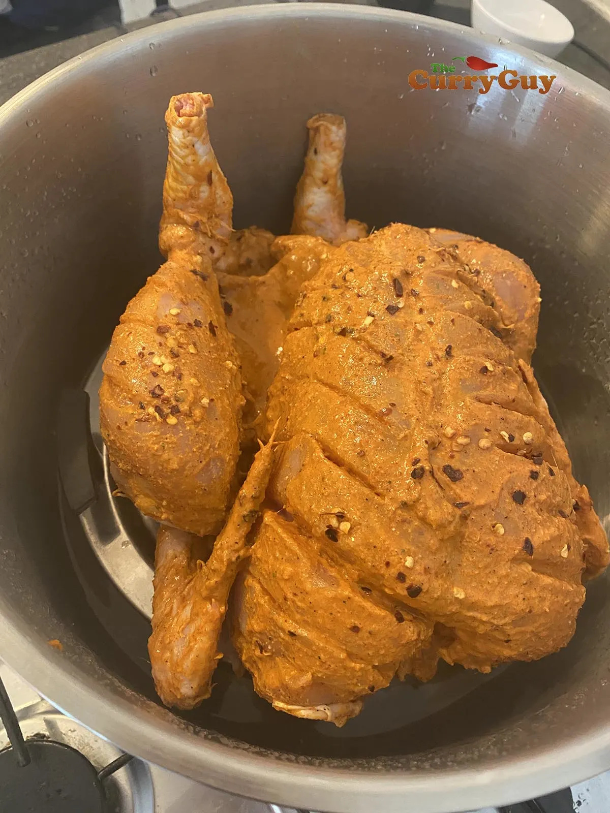 Chicken placed in steamer