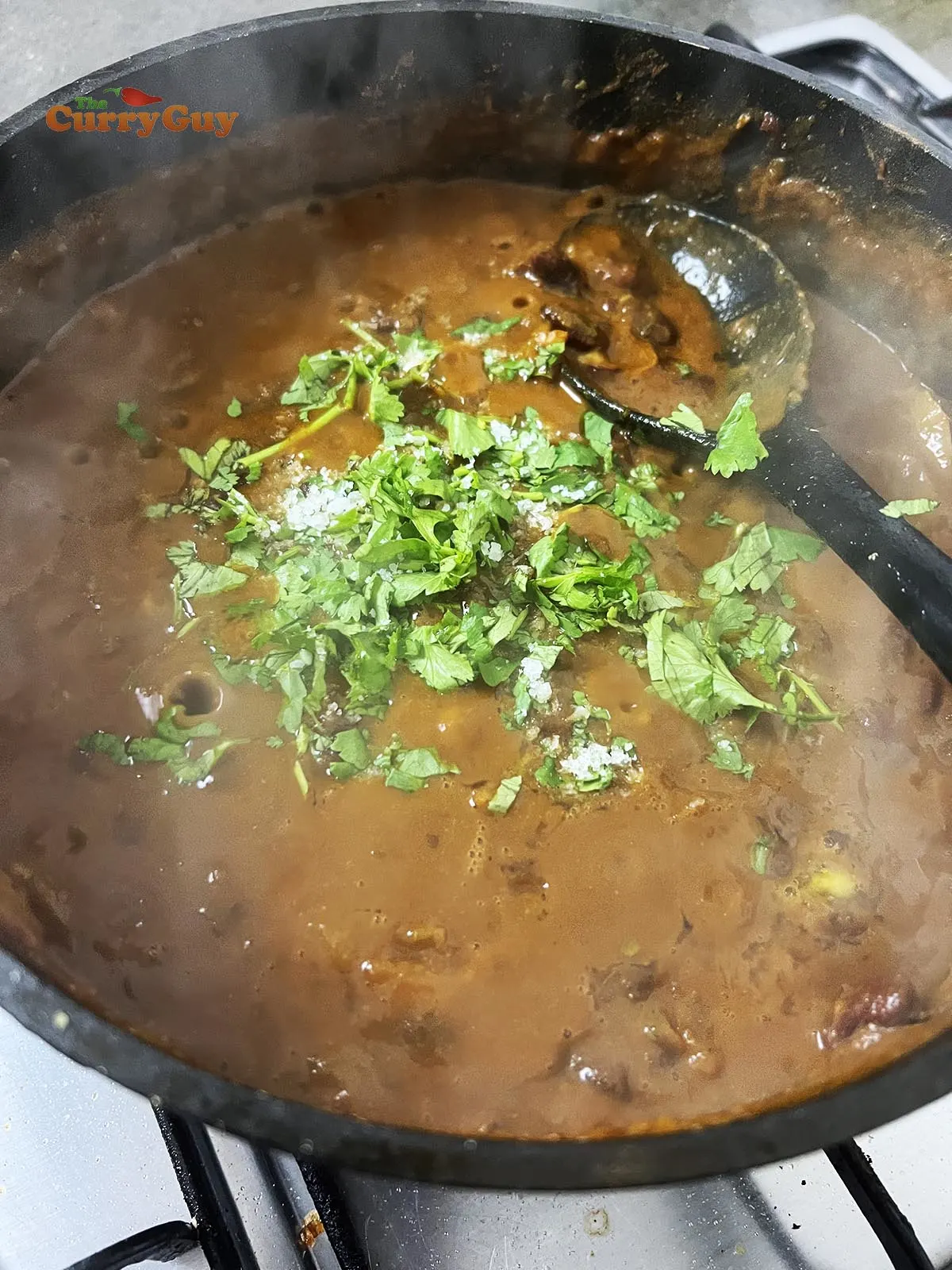 Adding salt and coriander (cilantro) to the sauce