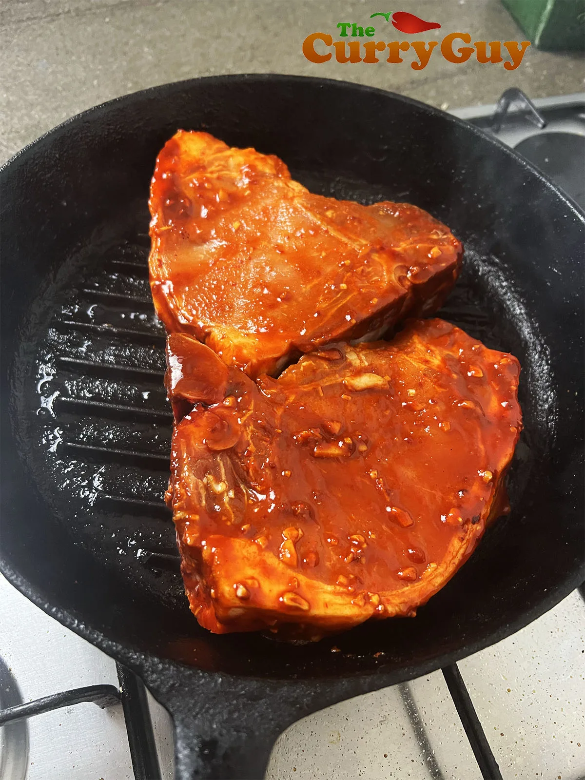 Frying the Korean pork chops.