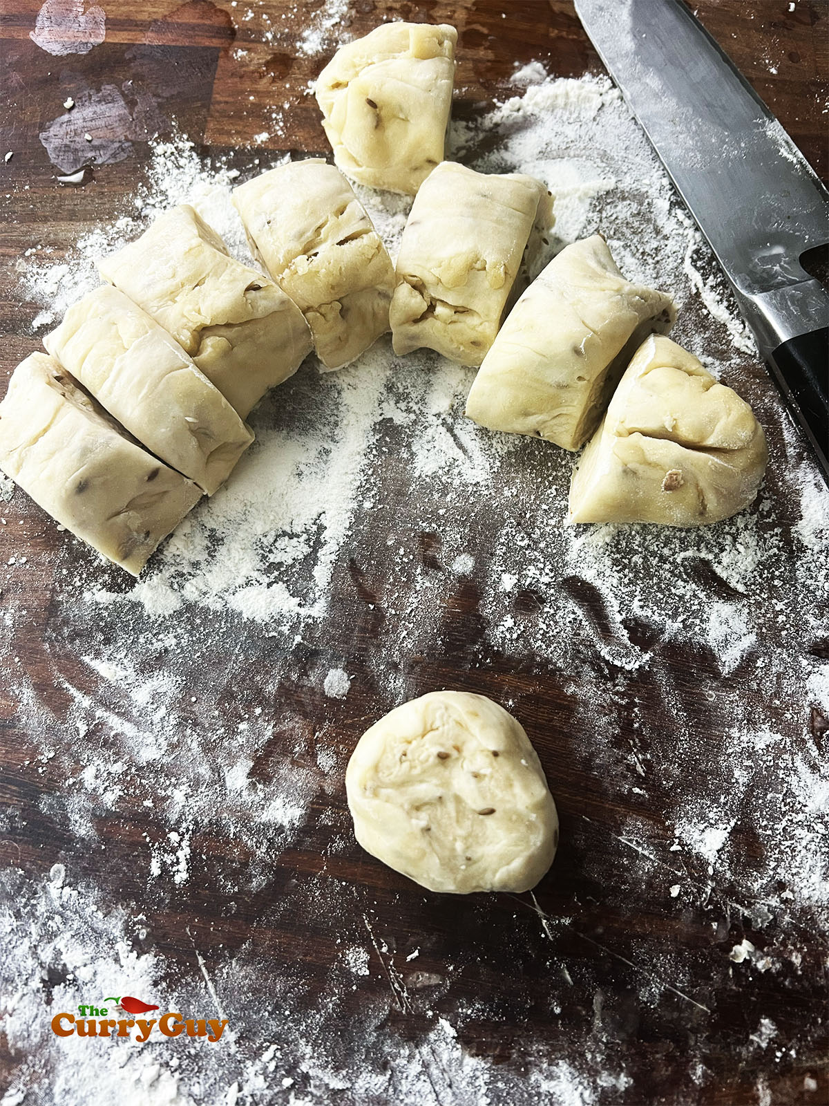 Rolling and dividing the dough.