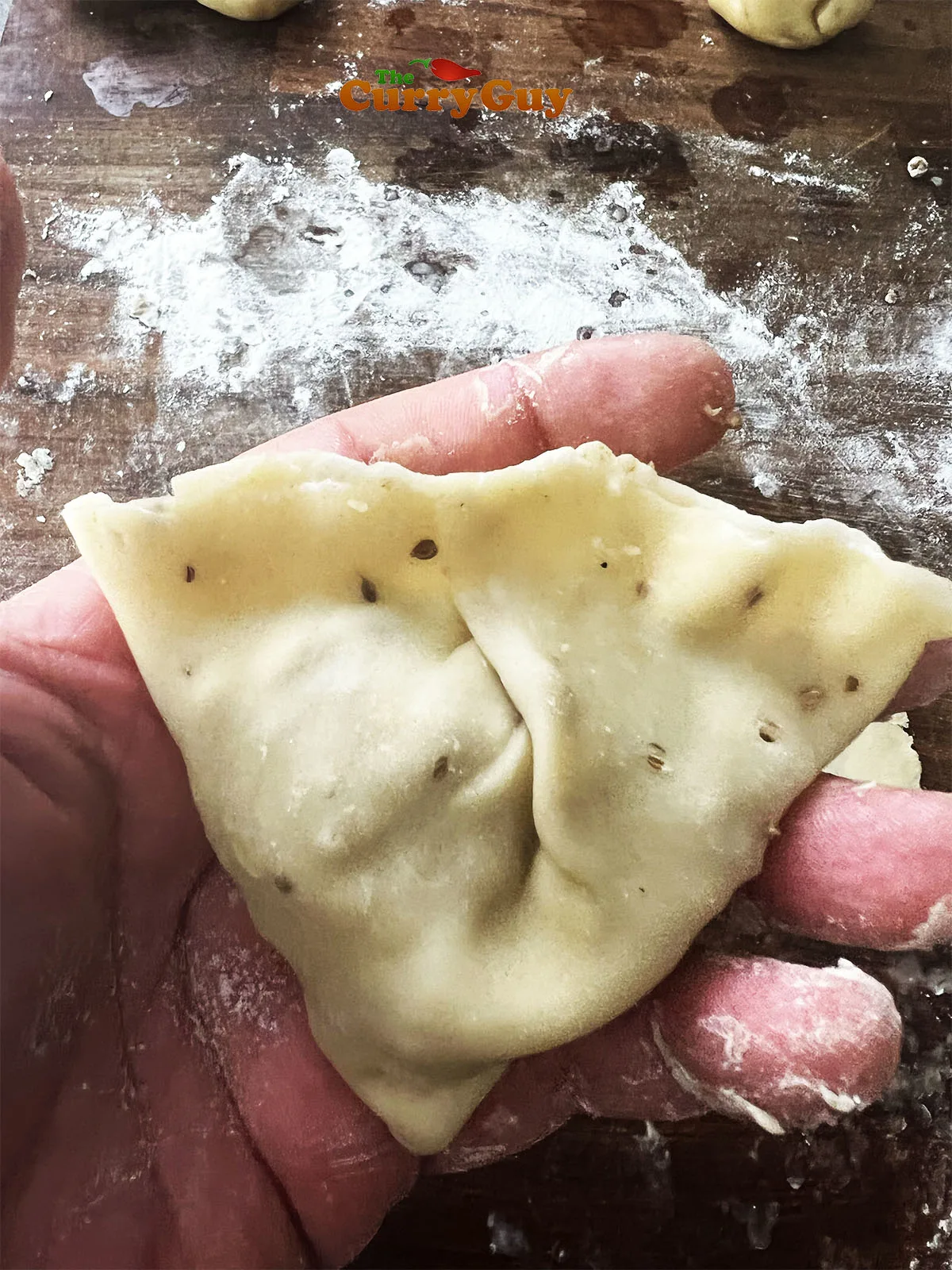 Showing the pleated back of the chicken samosa.