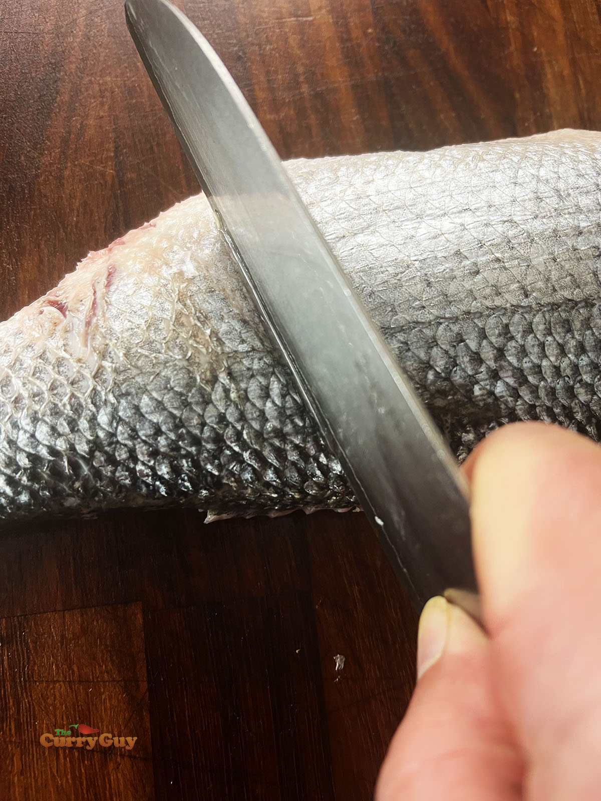Scraping a knife over the skin of the fish to extract excess moisture.