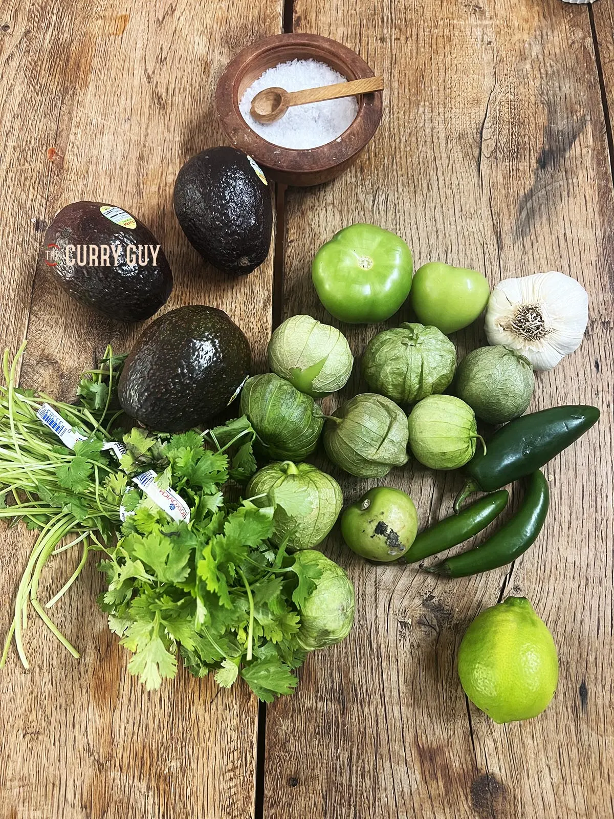 Ingredients for tomatillo and avocado salsa.