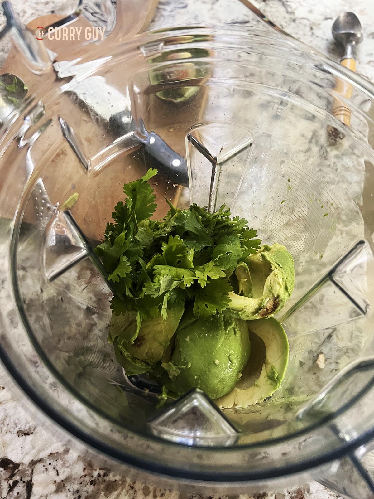 Blending the avocados, cilantro (coriander) and garlic.
