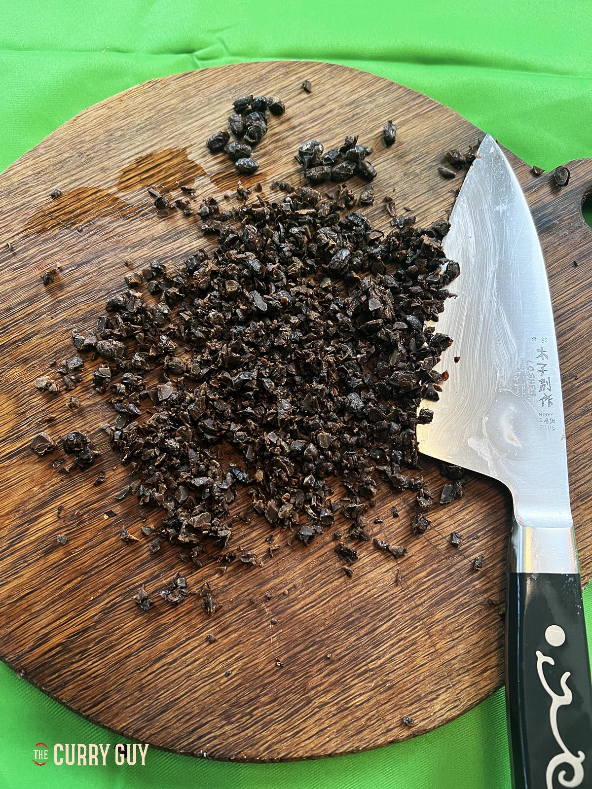 Chopping the black beans.