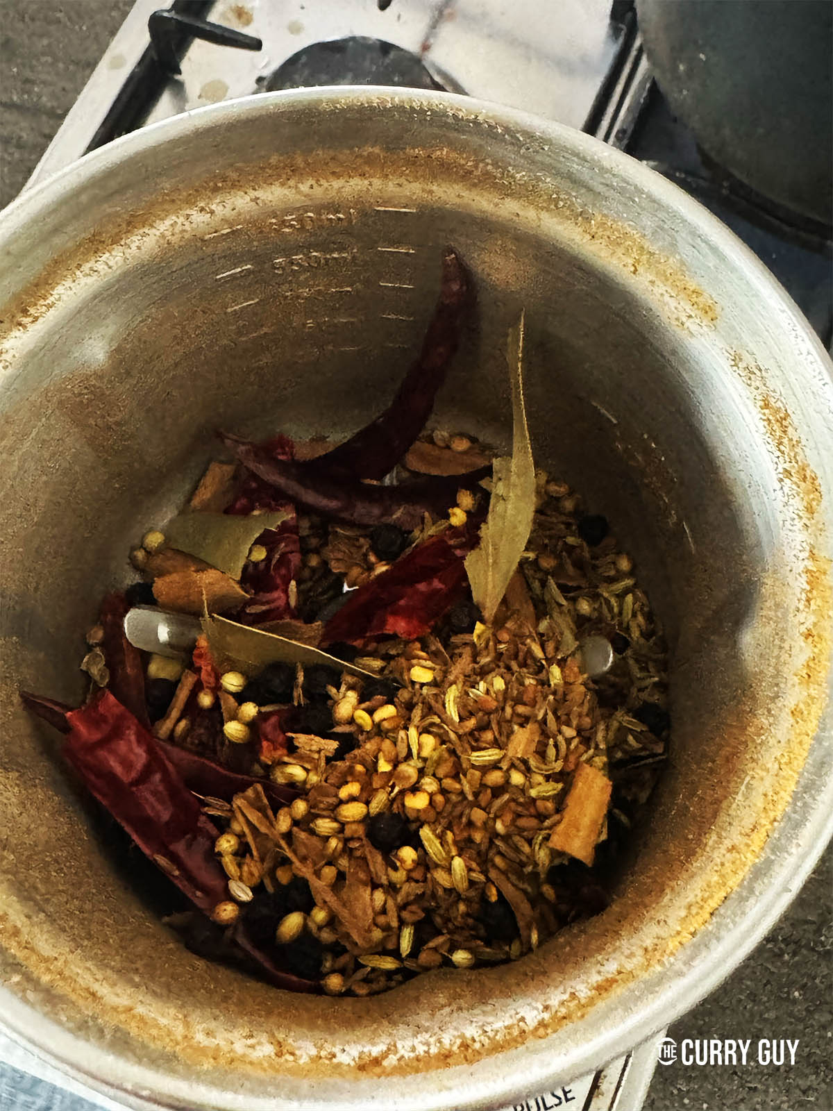 The cooled, toasted spices in a spice grinder.