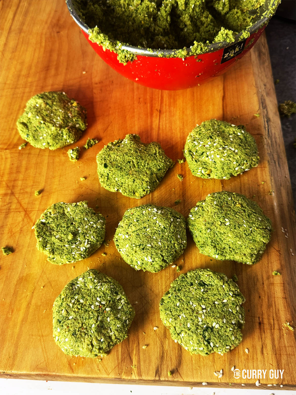 Forming the felafel patties.