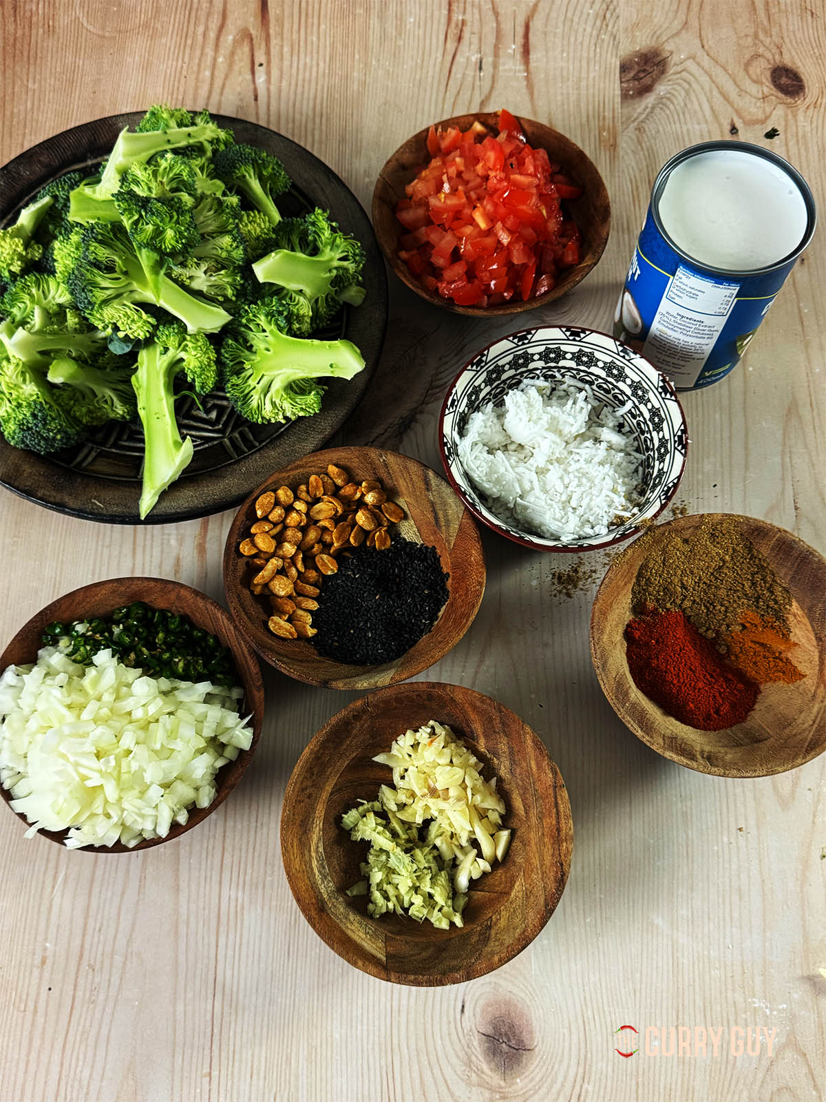The ingredients for the curry on a countertop. 