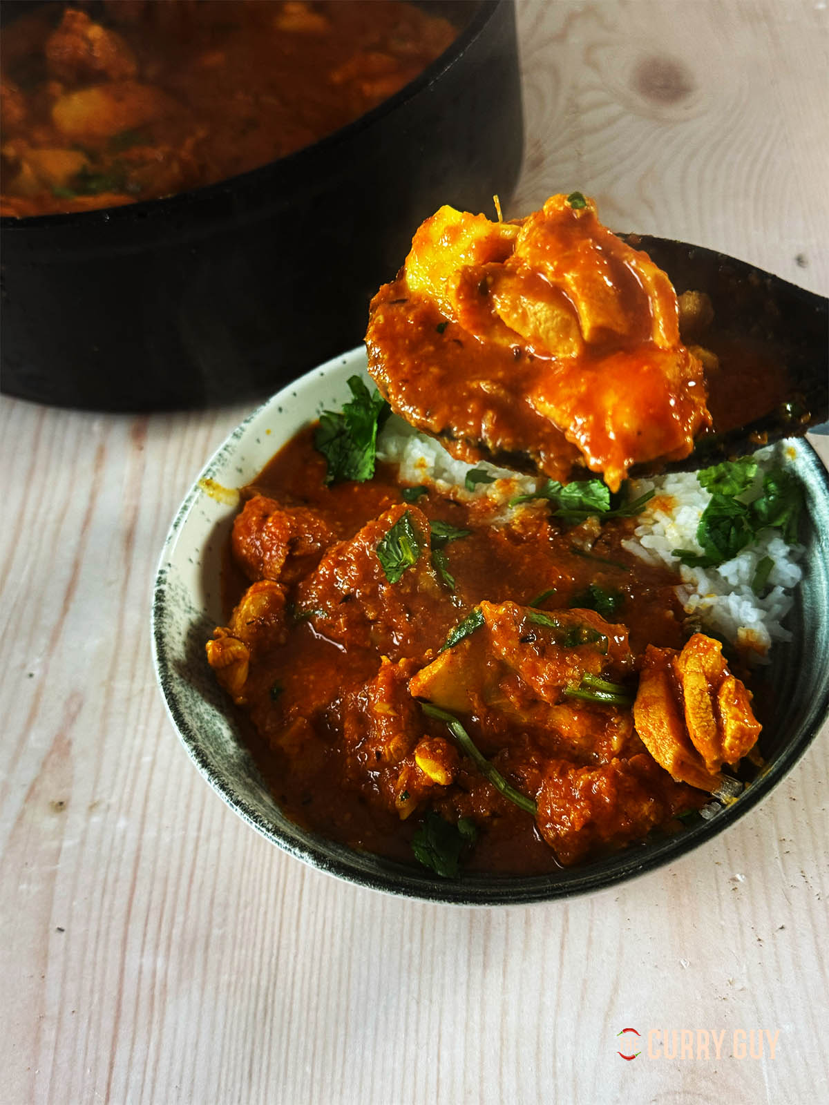 The finished garlic chicken curry on a spoon.