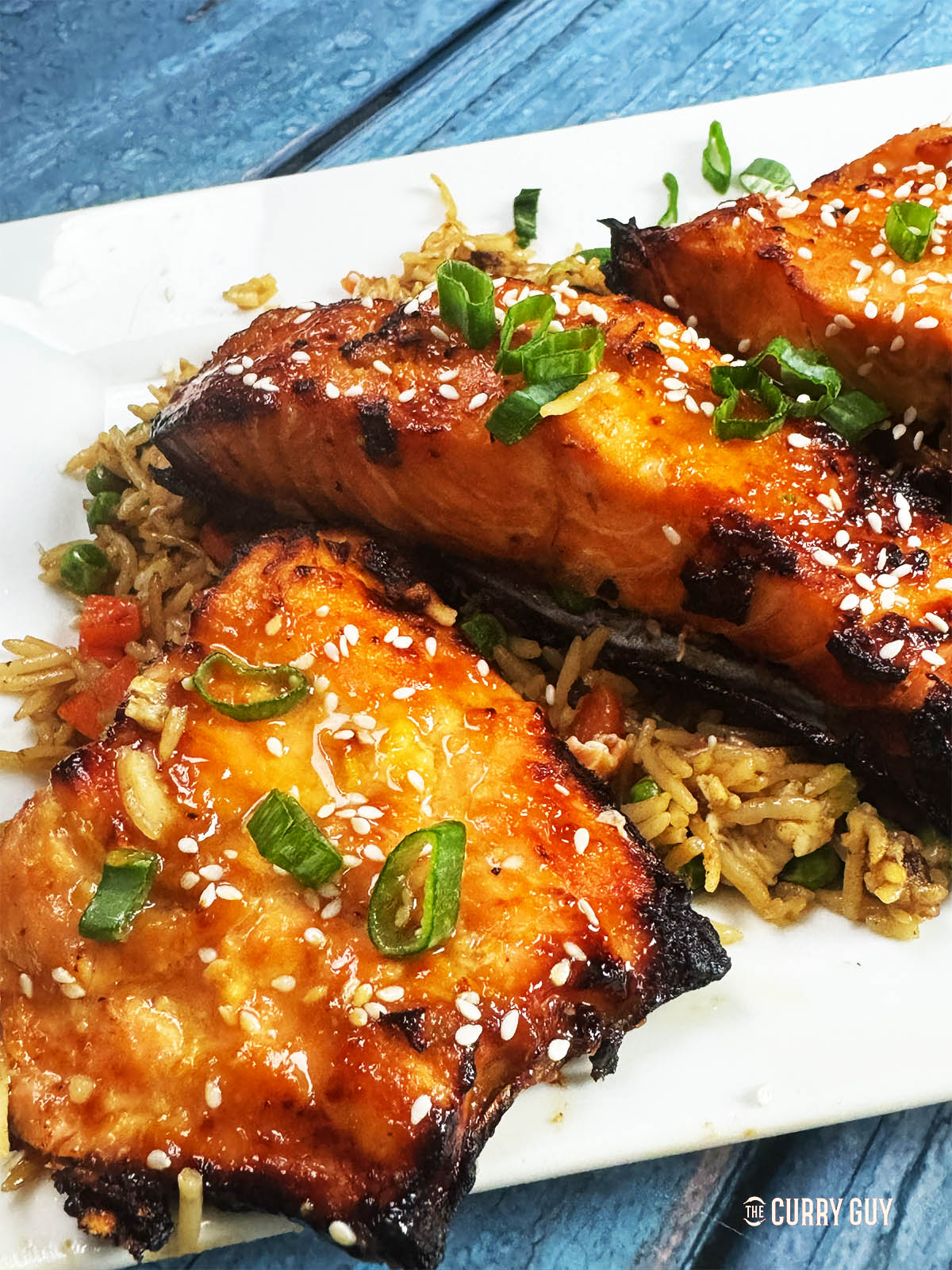 Miso salmon on a bed of fried rice. 