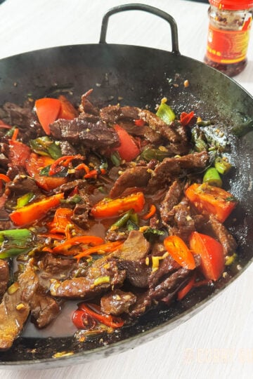 Sri Lankan Devilled Beef in a wok.