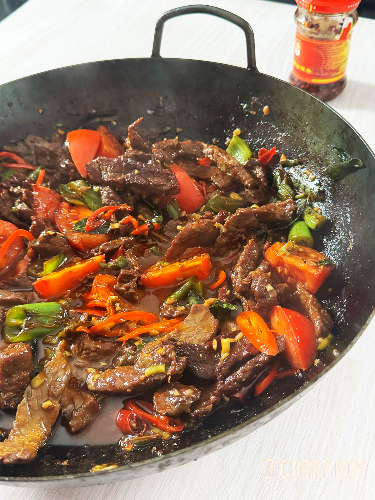 Sri Lankan Devilled Beef in a wok.