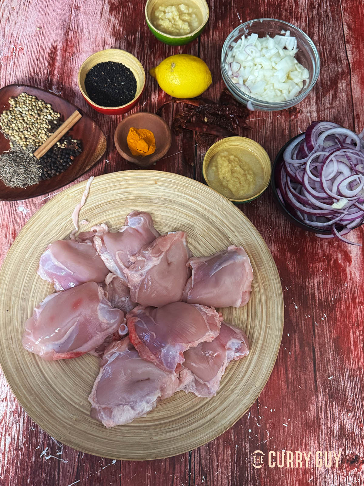 The ingredients for the curry laid out on a countertop. 