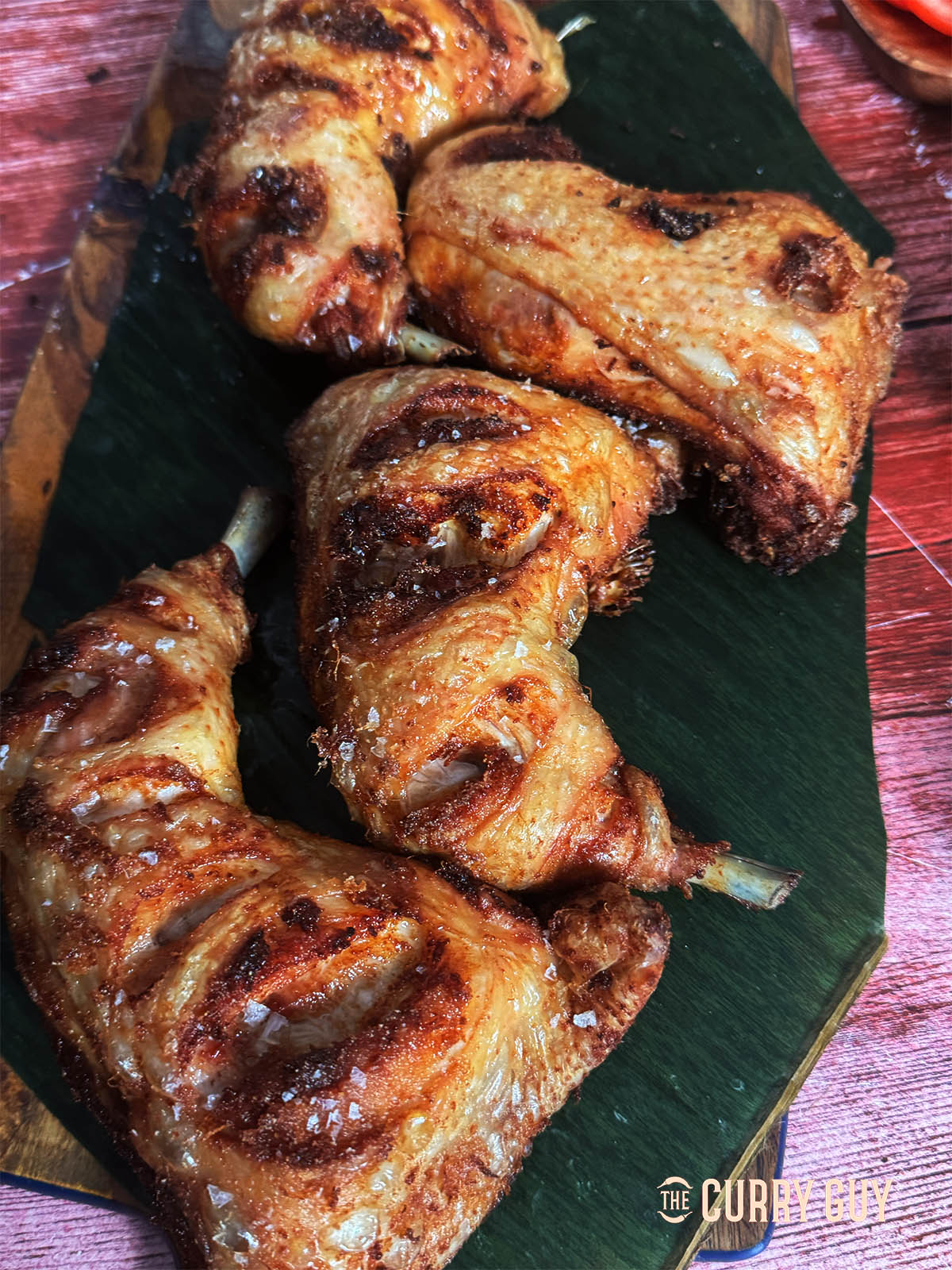 The Malaysian fried chicken on a banana leaf.