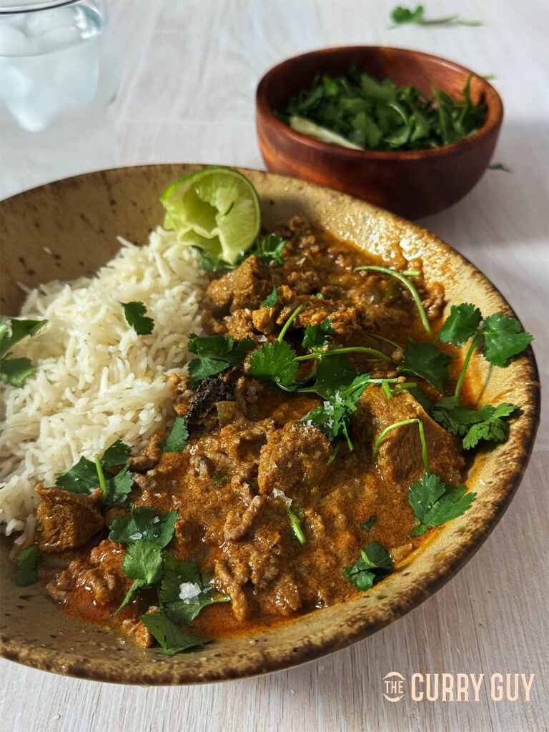 The finished rara gosht served with hot white, Basmati rice.